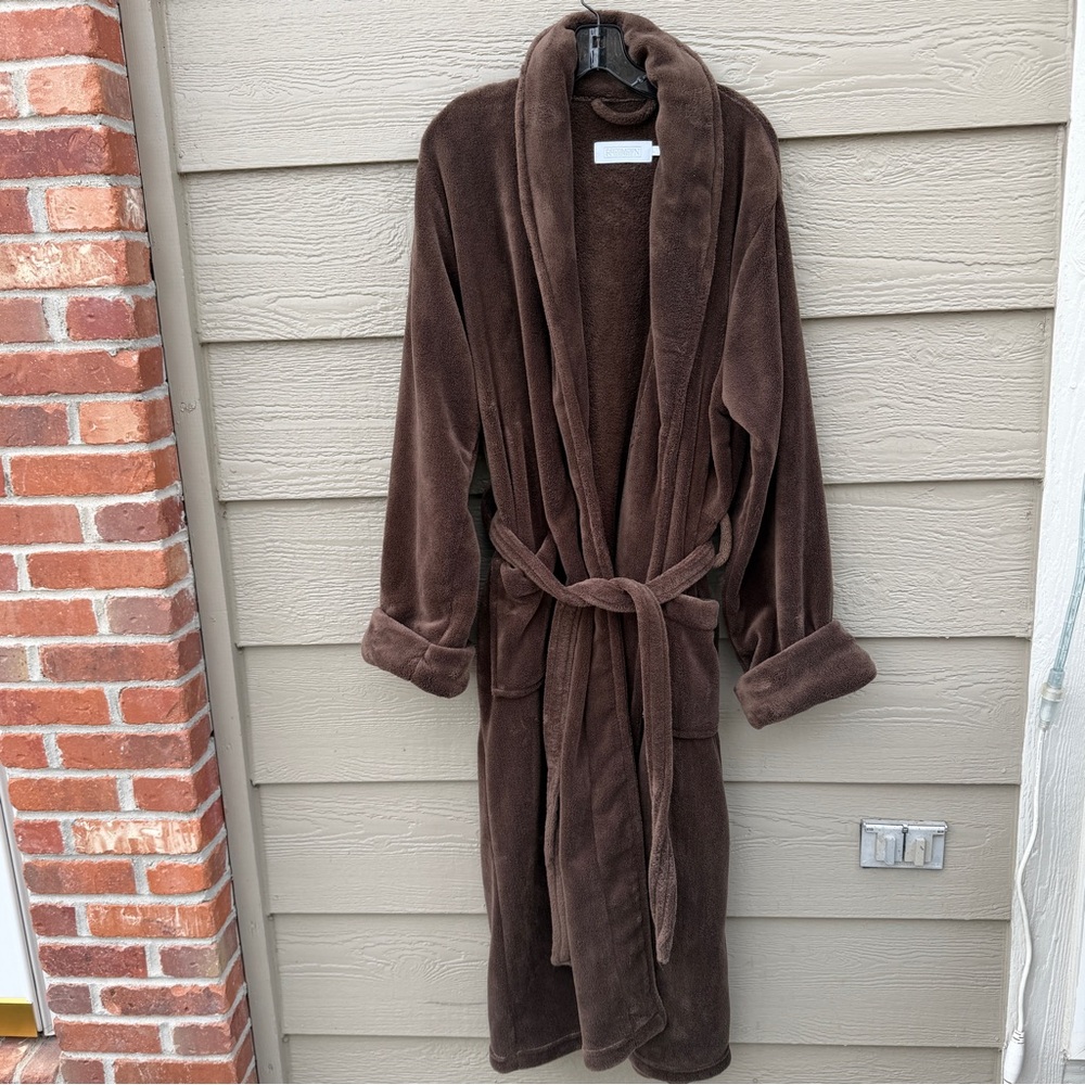 Restoration Hardware Plush Robe Unisex LG Brown Belted‎ Fleece Soft Pockets Cozy